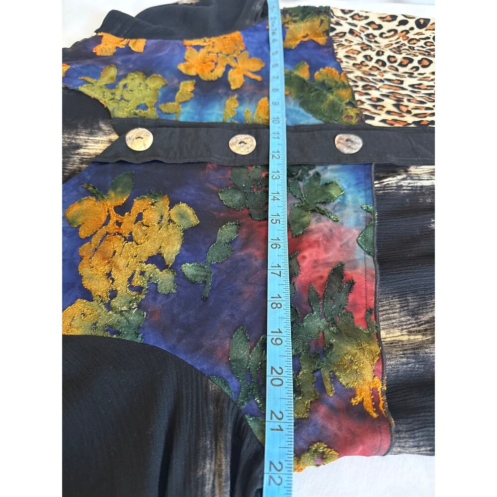 Boho Patchwork Burnout Velvet Tunic Blouse Watercolor Leopard Mixed Print M - Picture 3 of 8